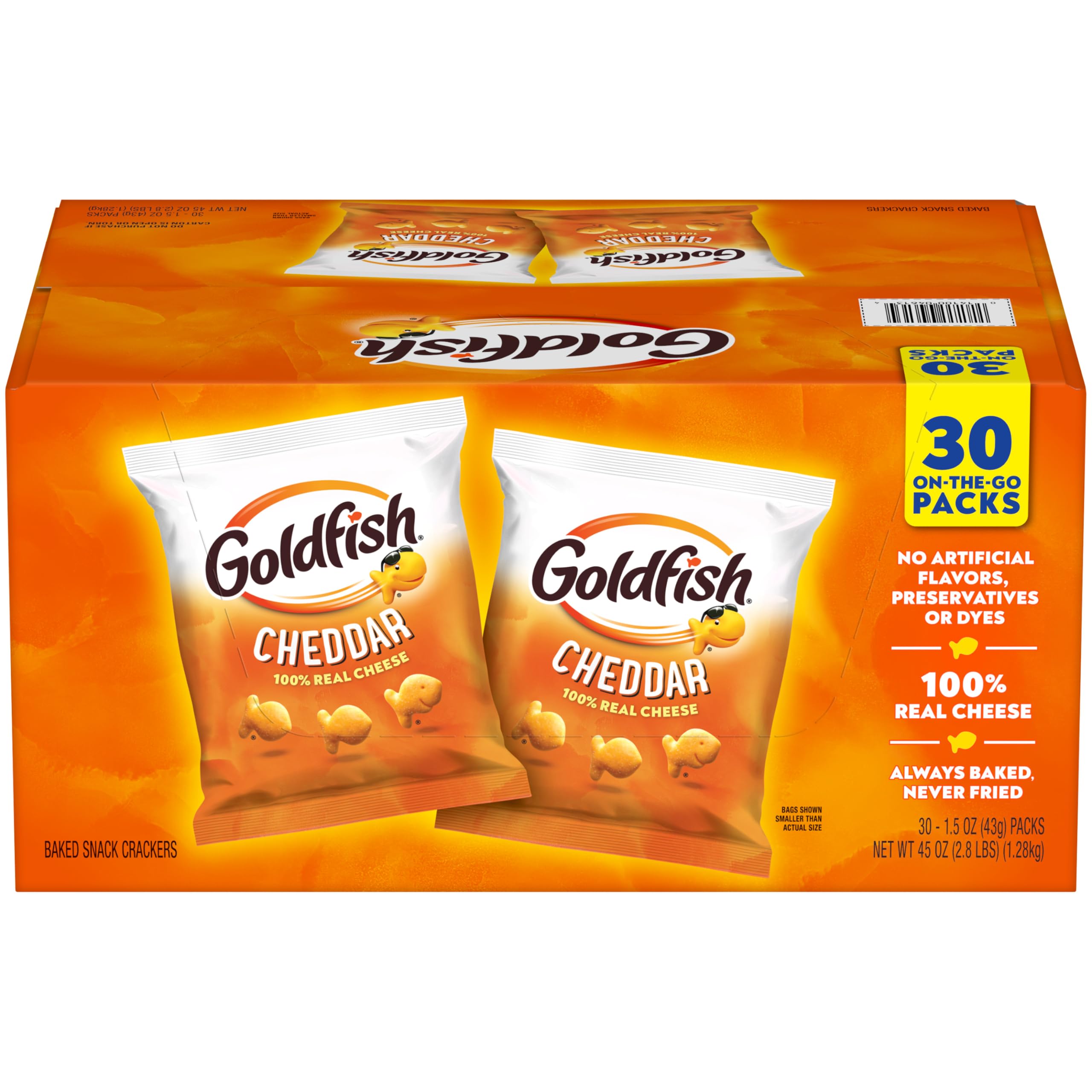 Goldfish front packaging showing cheddar snack pack and brand benefit