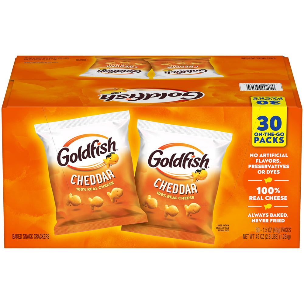 Goldfish front packaging showing cheddar snack pack and brand benefit