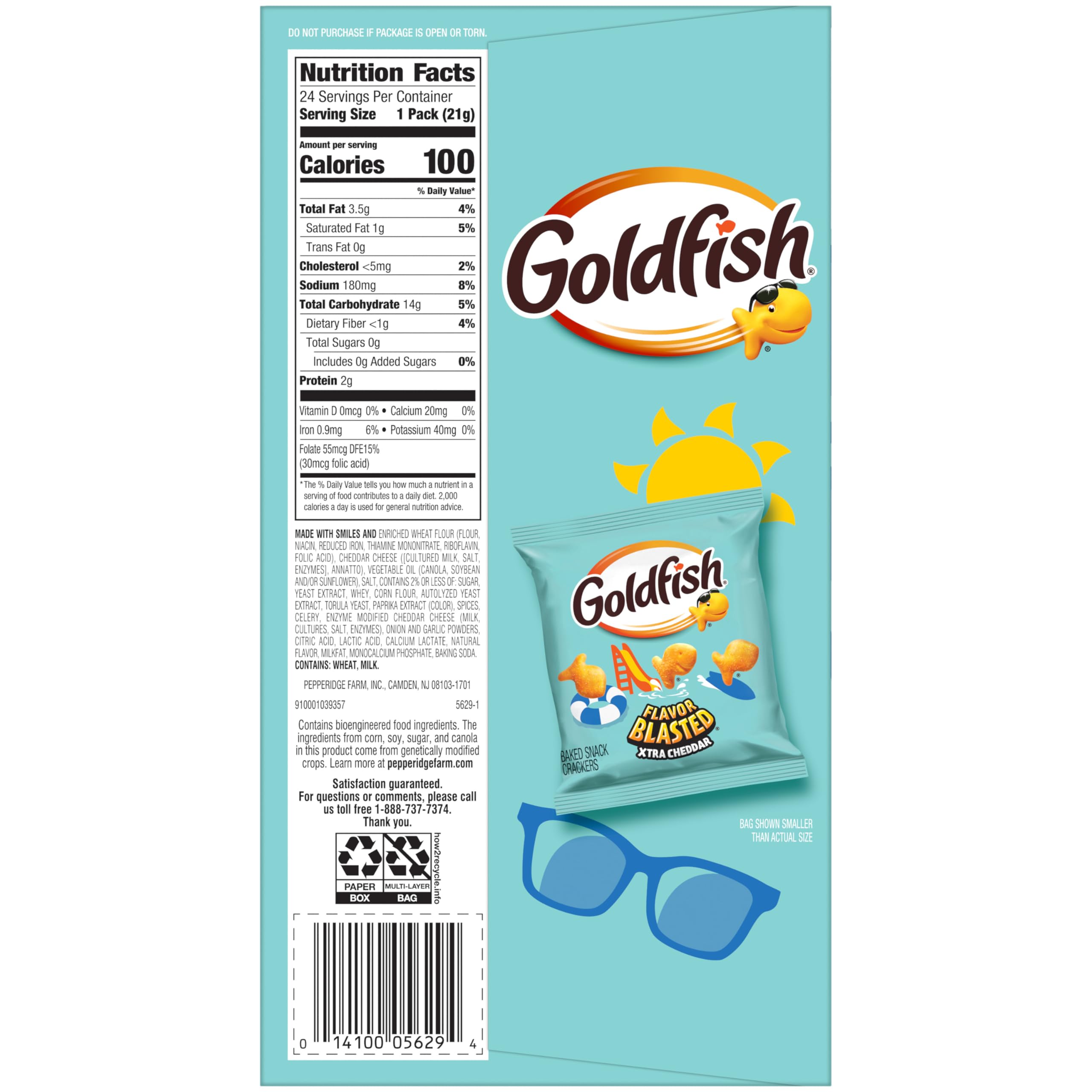 Goldfish snack packs inside a backpack at the beach showing on-the-go convenience