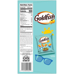 Goldfish snack packs inside a backpack at the beach showing on-the-go convenience