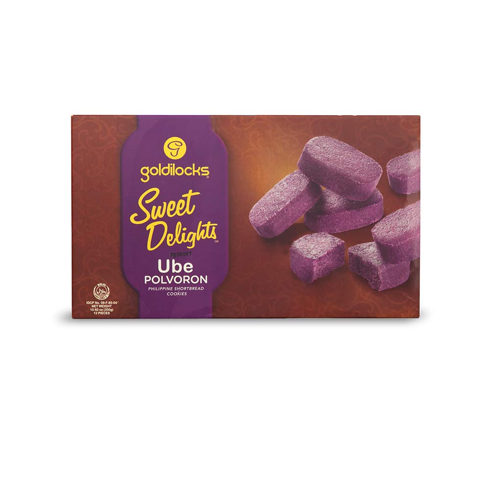Goldilocks front packaging of ube polvoron with clear tub showing product and freshness