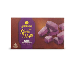 Goldilocks front packaging of ube polvoron with clear tub showing product and freshness