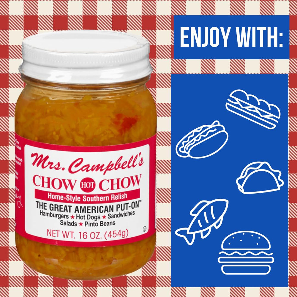 GOLDING FARMS Mrs. Campbell’s Hot Chow Chow spooned on a burger adding sweet heat and crunch