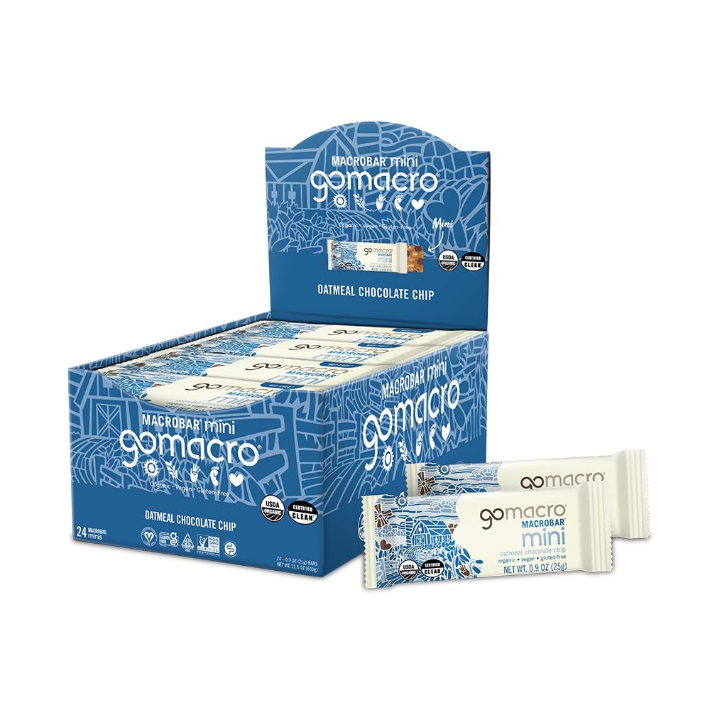 GoMacro front packaging showing the oatmeal chocolate chip Mini and certified labels, convenient snack choice
