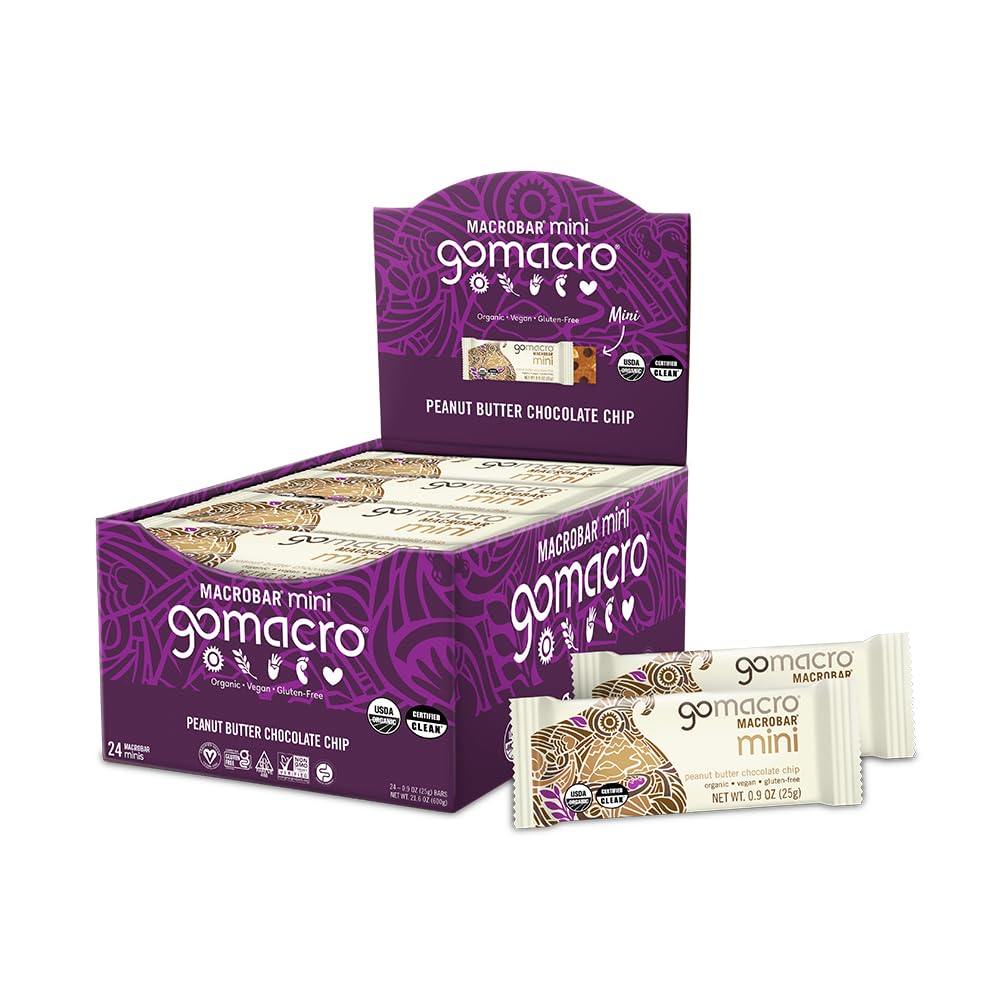 GoMacro front packaging showing 24-count mini bars and certifications benefit transparency