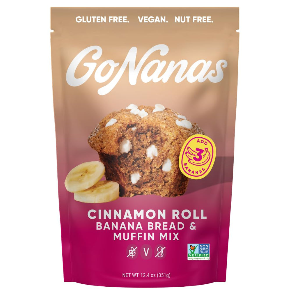 GoNanas front packaging showing cinnamon roll banana bread mix benefits