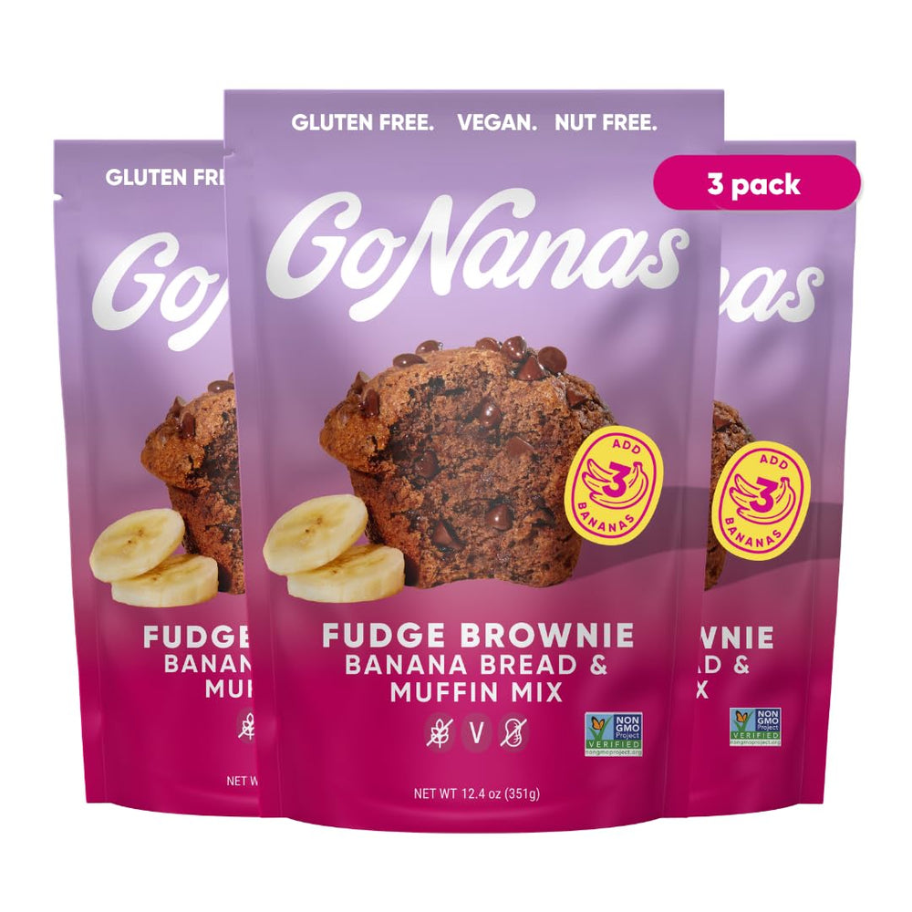 GoNanas front packaging showing three-pack and chocolate banana bread benefits