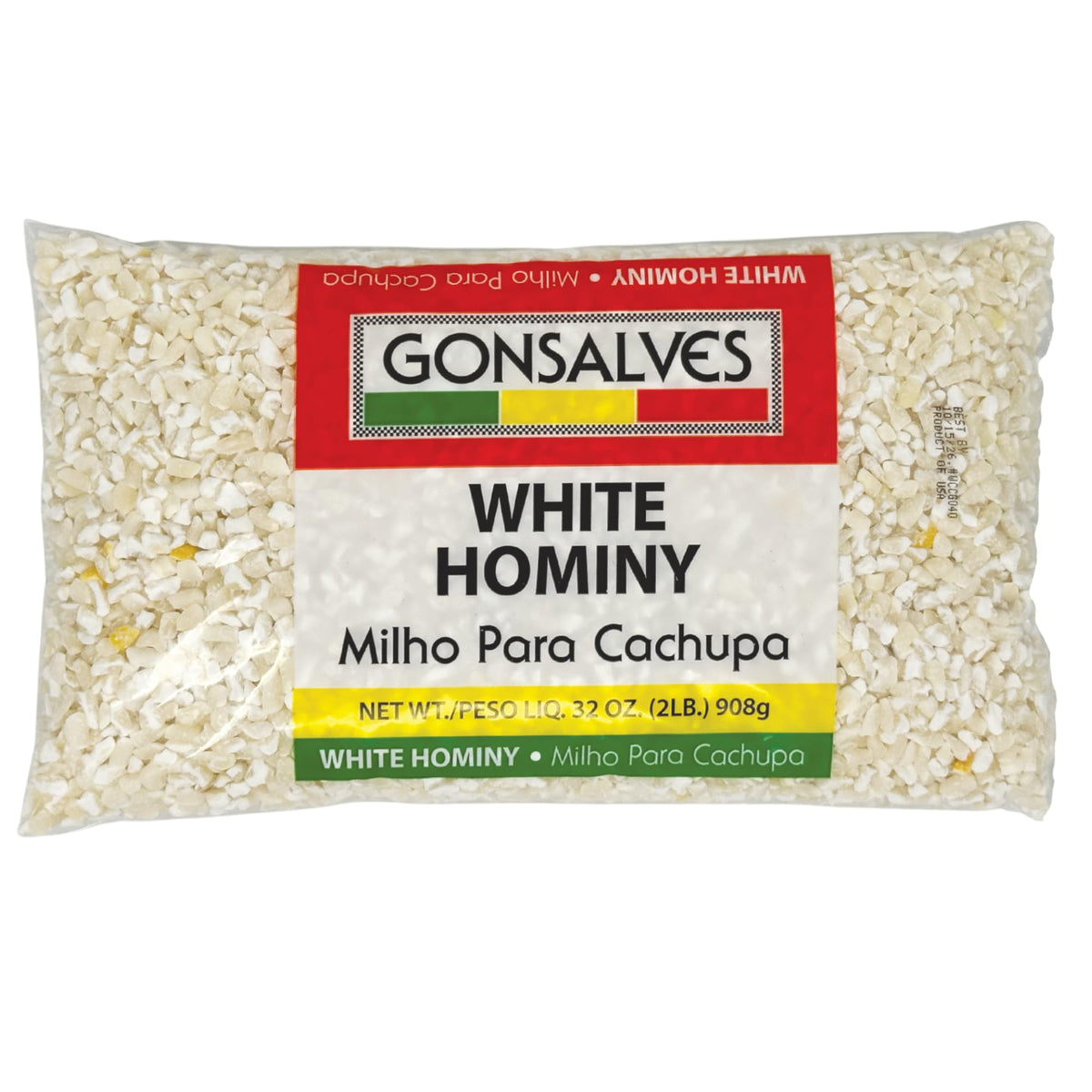 Gonsalves front packaging of dried white hominy showing product and weight, quality assurance