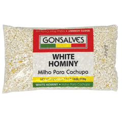 Gonsalves front packaging of dried white hominy showing product and weight, quality assurance