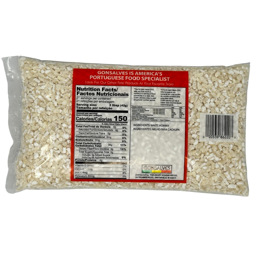 Gonsalves close-up of raw white hominy kernels highlighting texture for consistent cooking