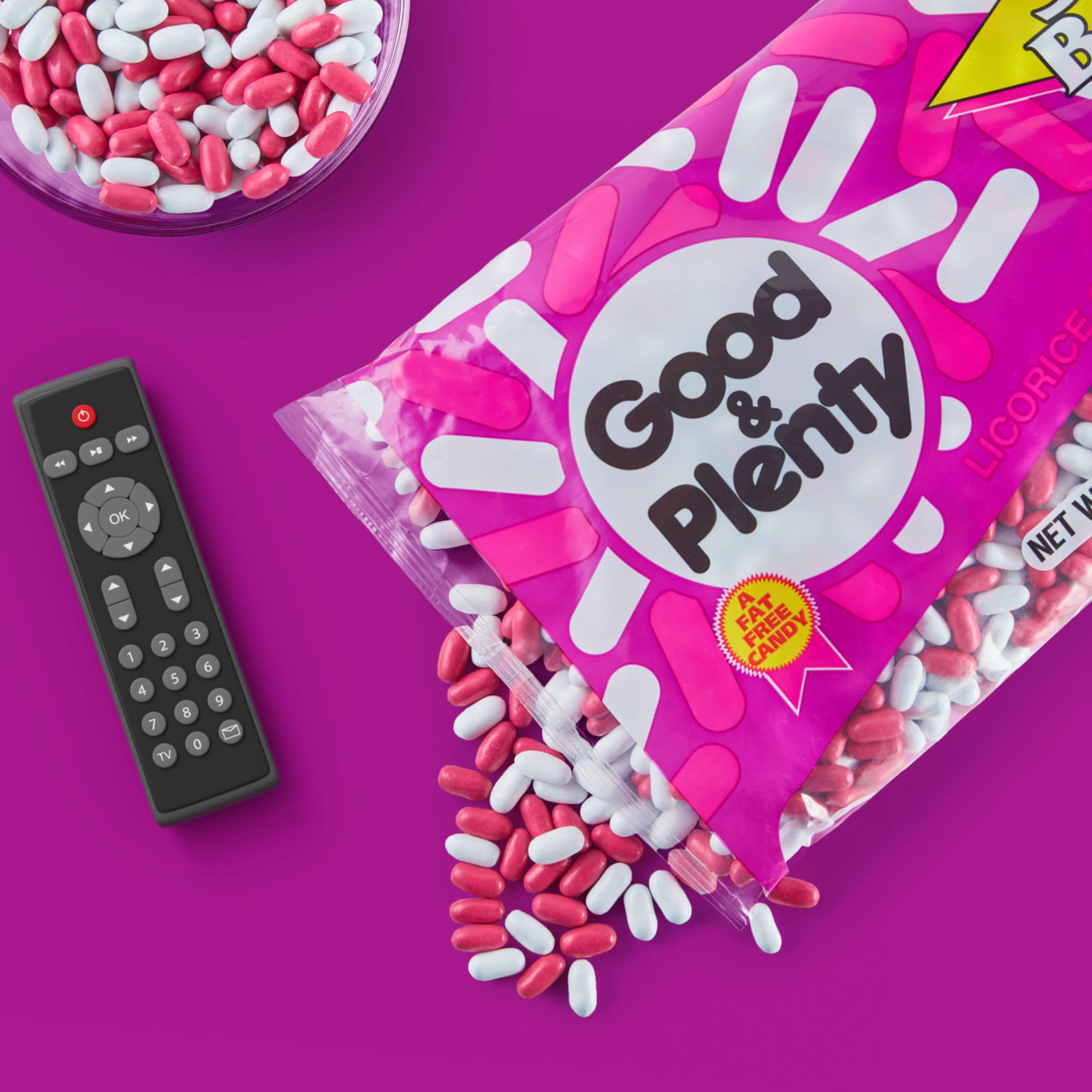 GOOD & PLENTY bowl at movie night with popcorn, creates a fun shared snack