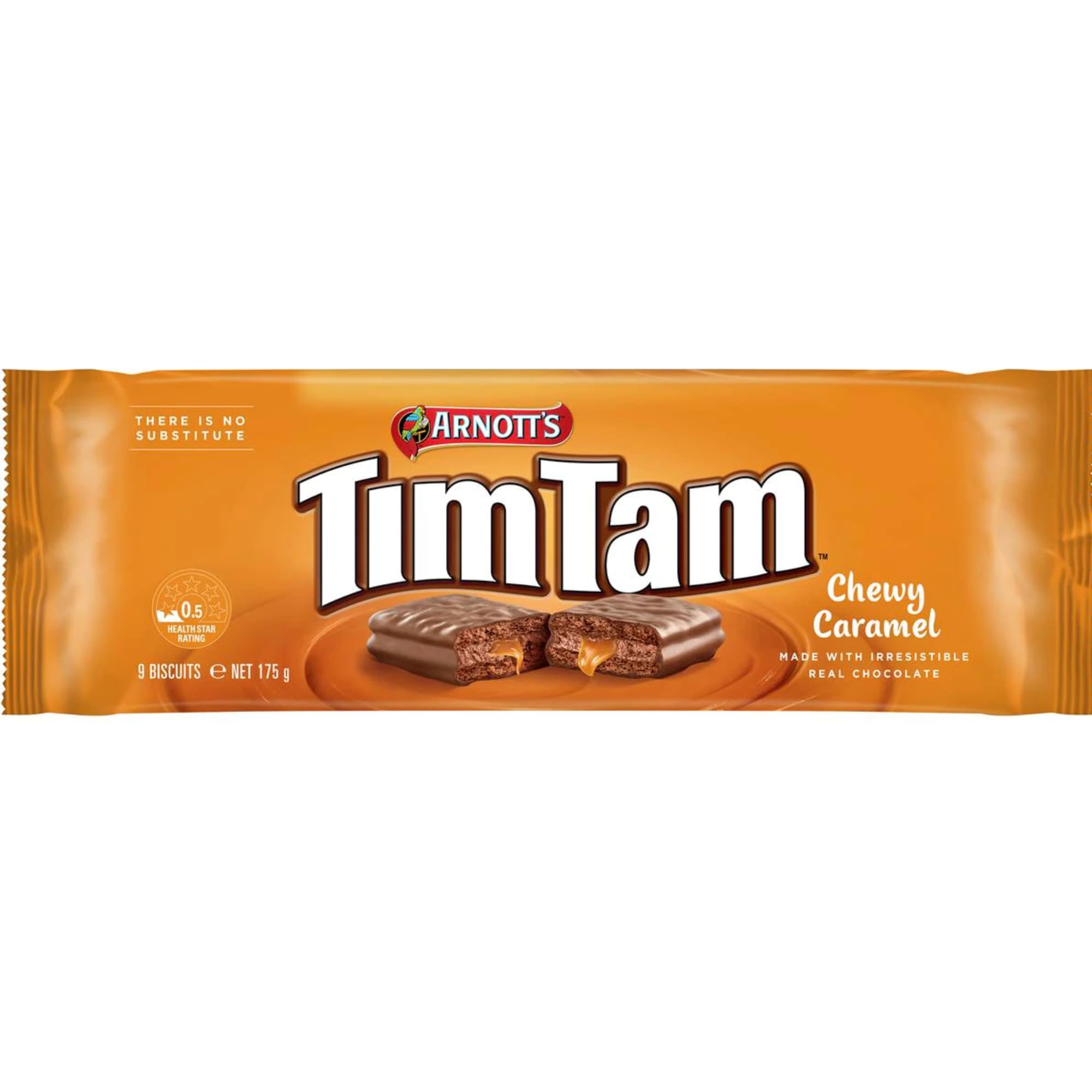 Good Aussie Tim Tam close-up of caramel center and chocolate coating highlighting chewy texture