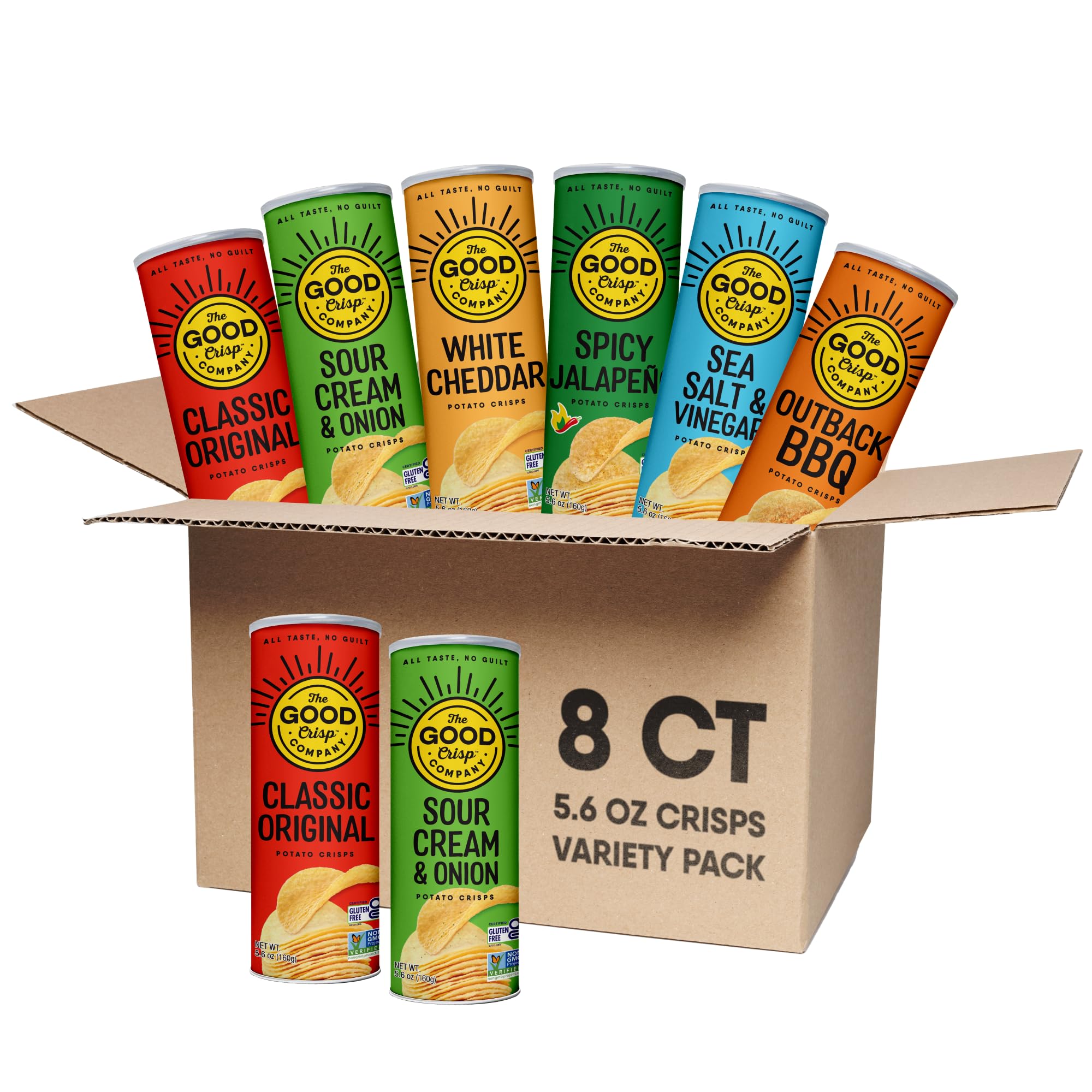 The Good Crisp Company front packaging showing all eight variety canisters and flavors
