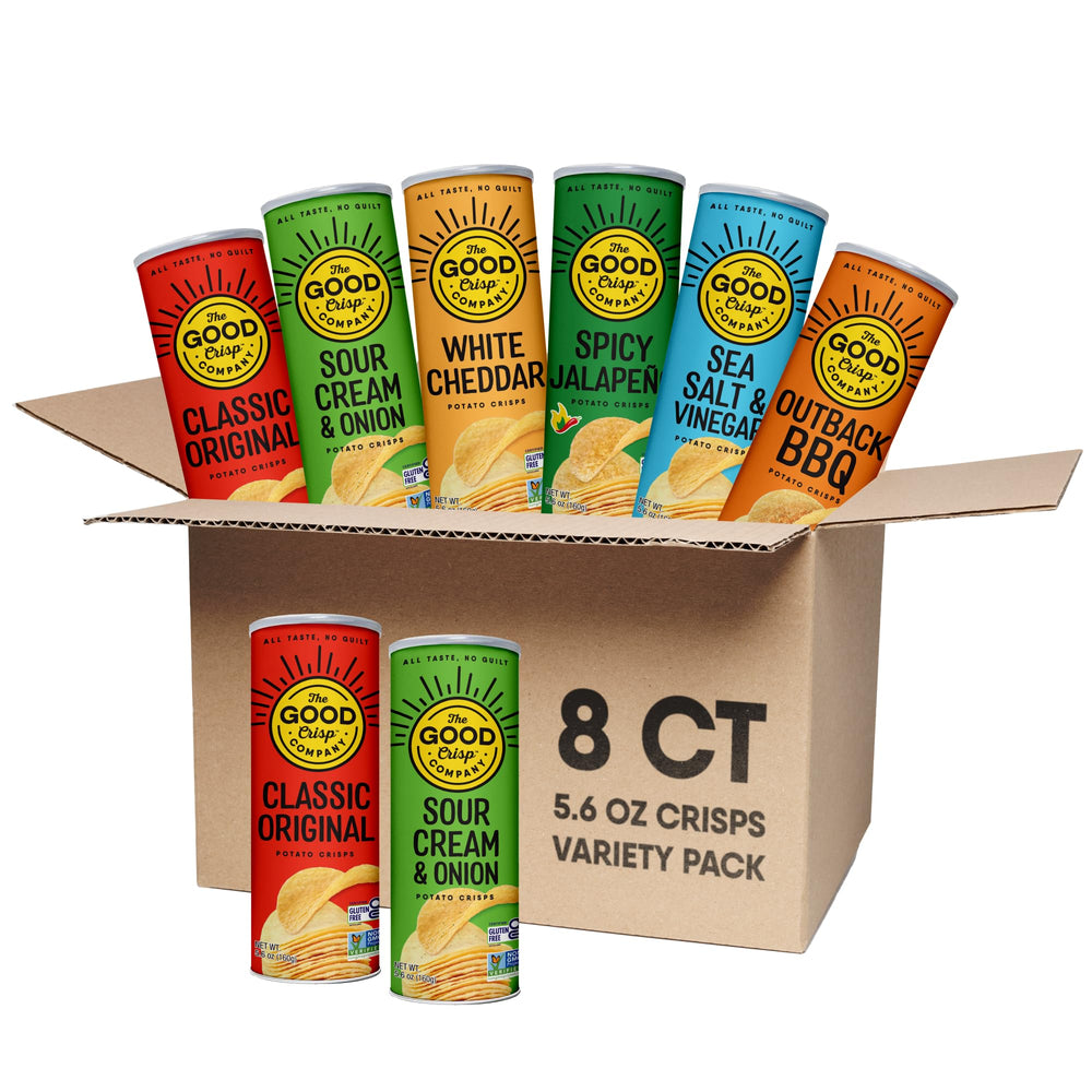 The Good Crisp Company front packaging showing all eight variety canisters and flavors