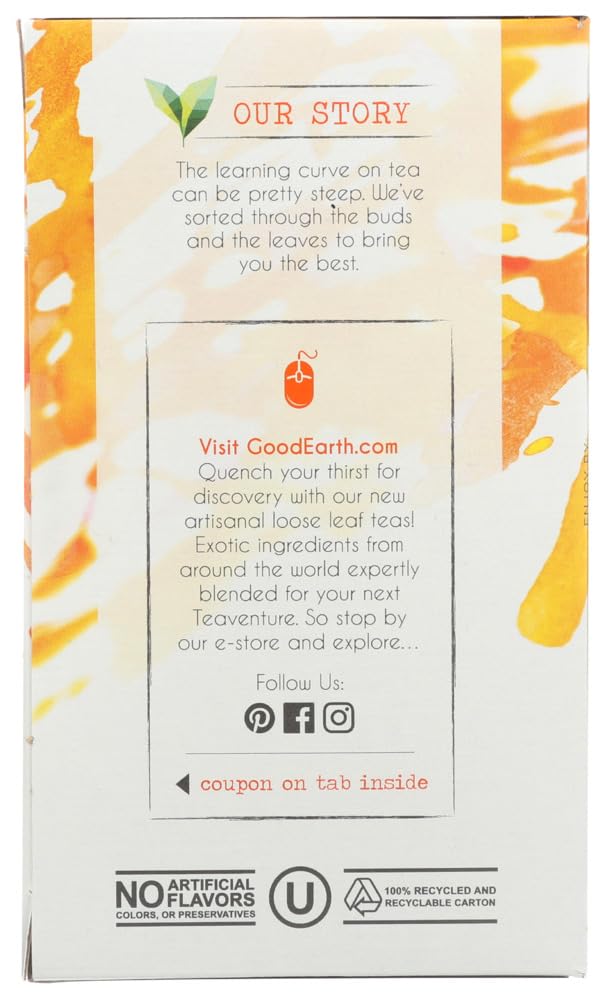 Good Earth Tea Co. tea bag steeping in cup delivering aromatic, caffeine-free comfort