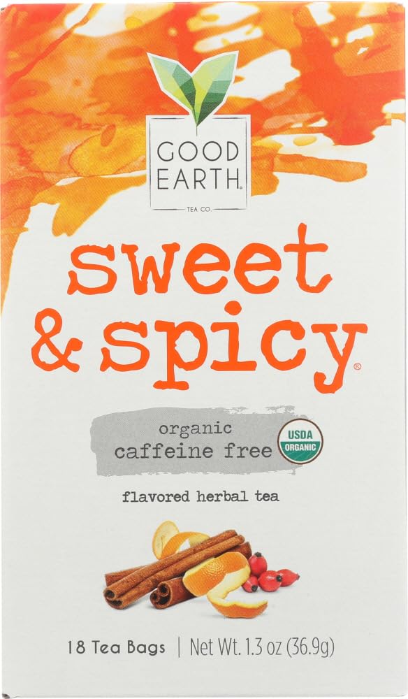 Good Earth Tea Co. front packaging showing organic sweet and spicy benefits