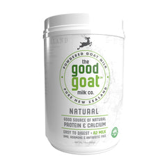 The Good Goat Milk Company front packaging showing 14oz tin and brand promise, convenient pantry storage