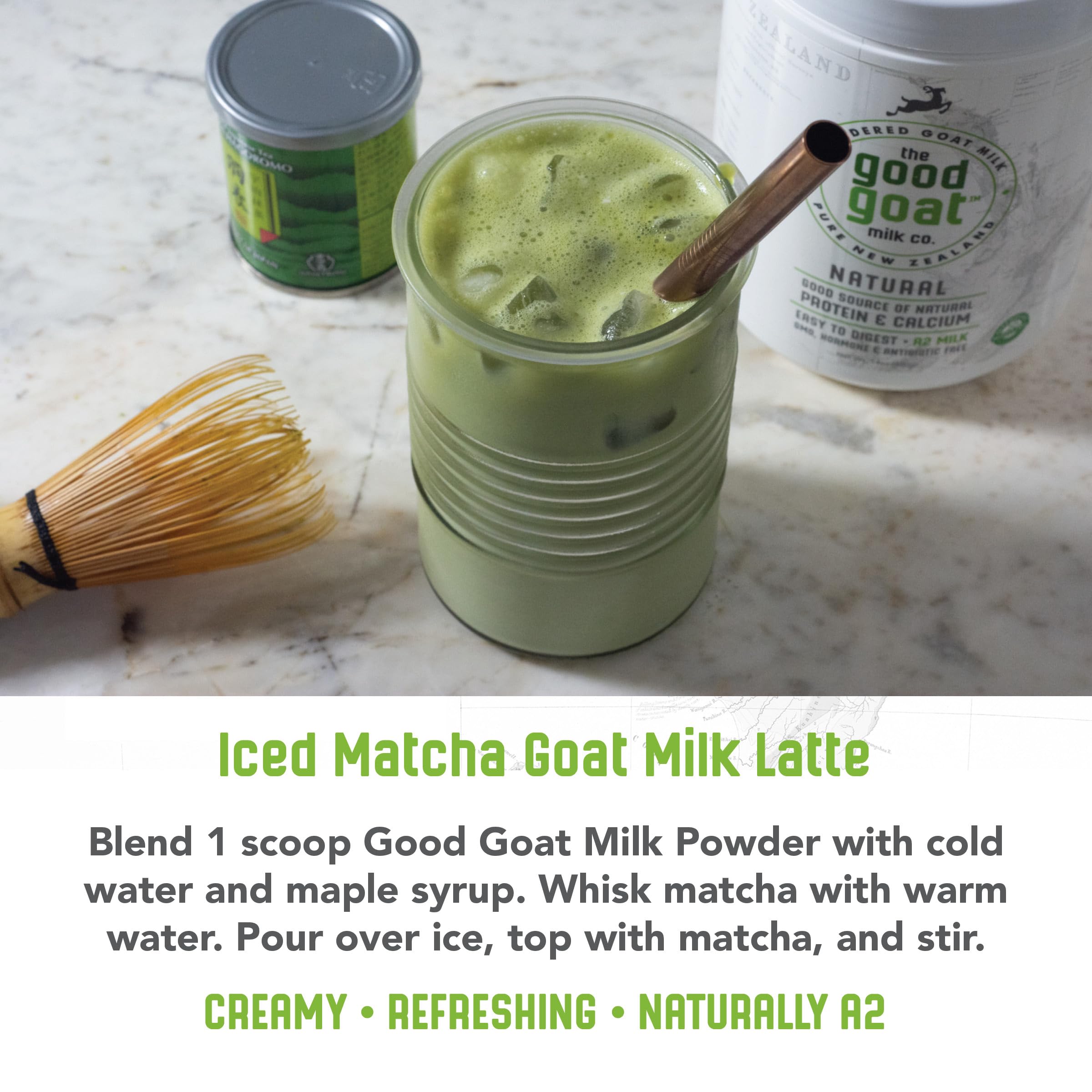 Ingredient label close-up on tin, Good Goat Milk Company single-ingredient purity and certifications