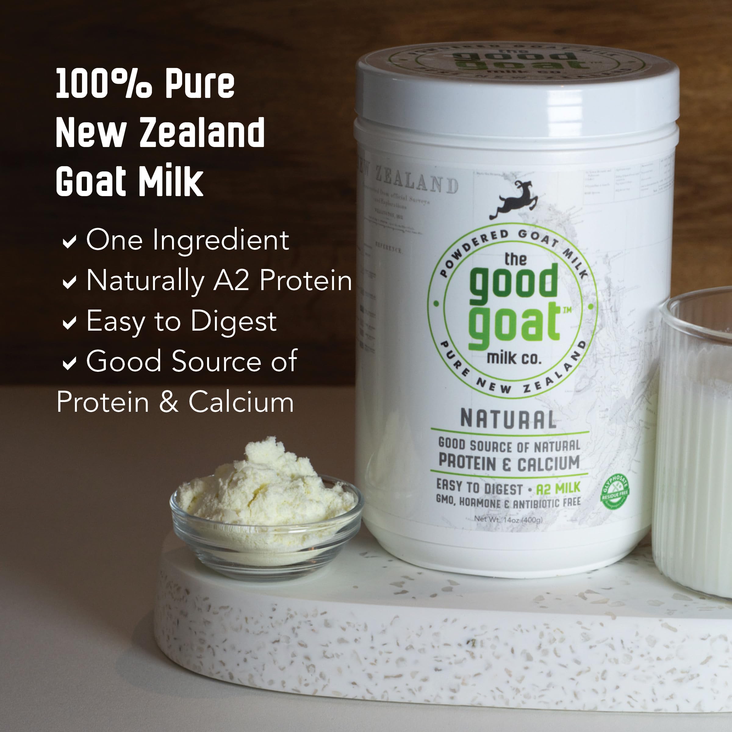 Good Goat Milk Company open tin top view of powder, easily scoopable for quick reconstitution