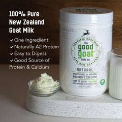 Good Goat Milk Company open tin top view of powder, easily scoopable for quick reconstitution