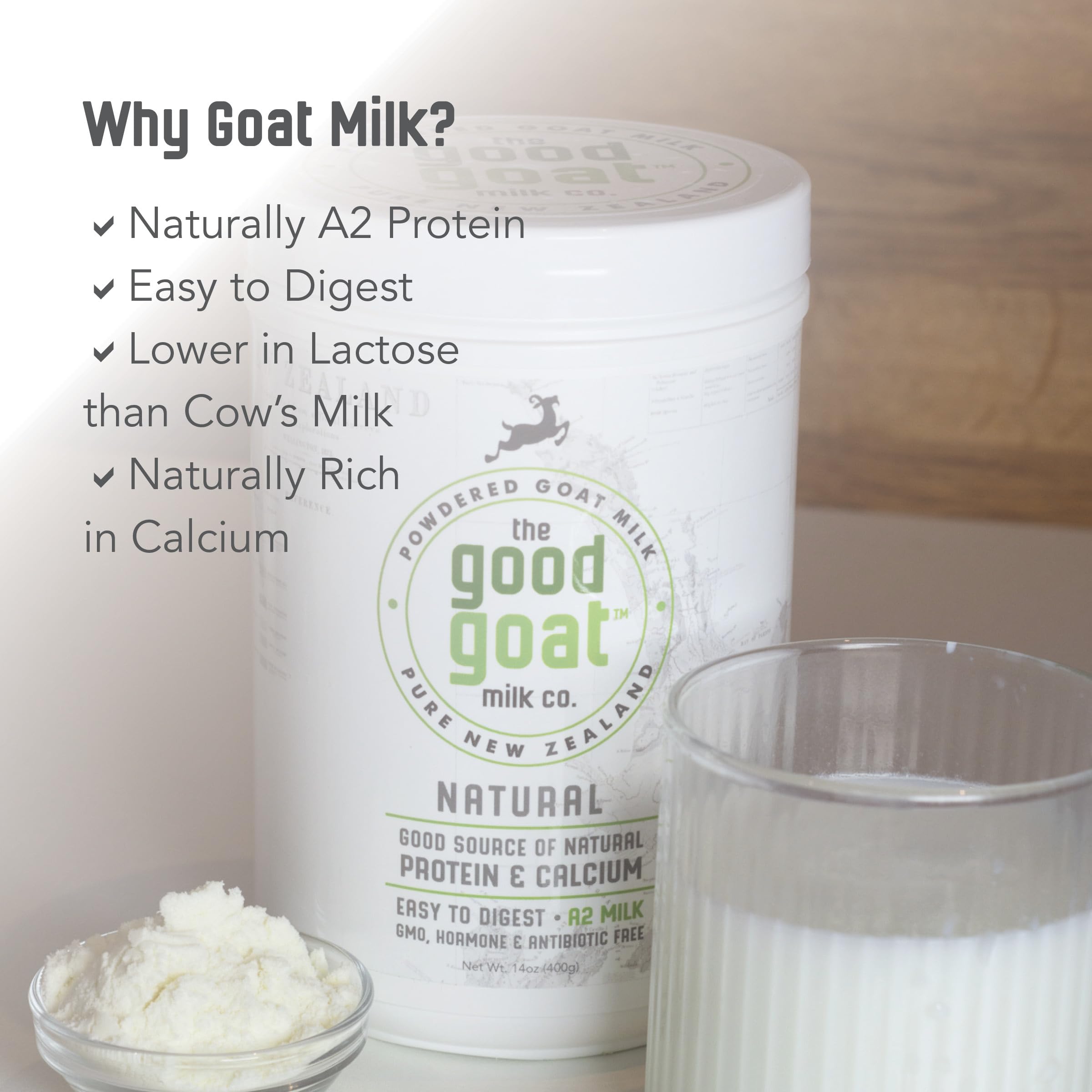 Close-up of Good Goat Milk Company powder texture, fine granules that mix smoothly into drinks