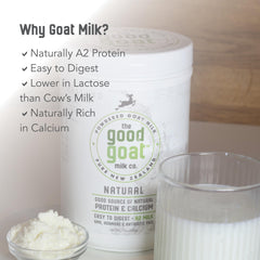 Close-up of Good Goat Milk Company powder texture, fine granules that mix smoothly into drinks