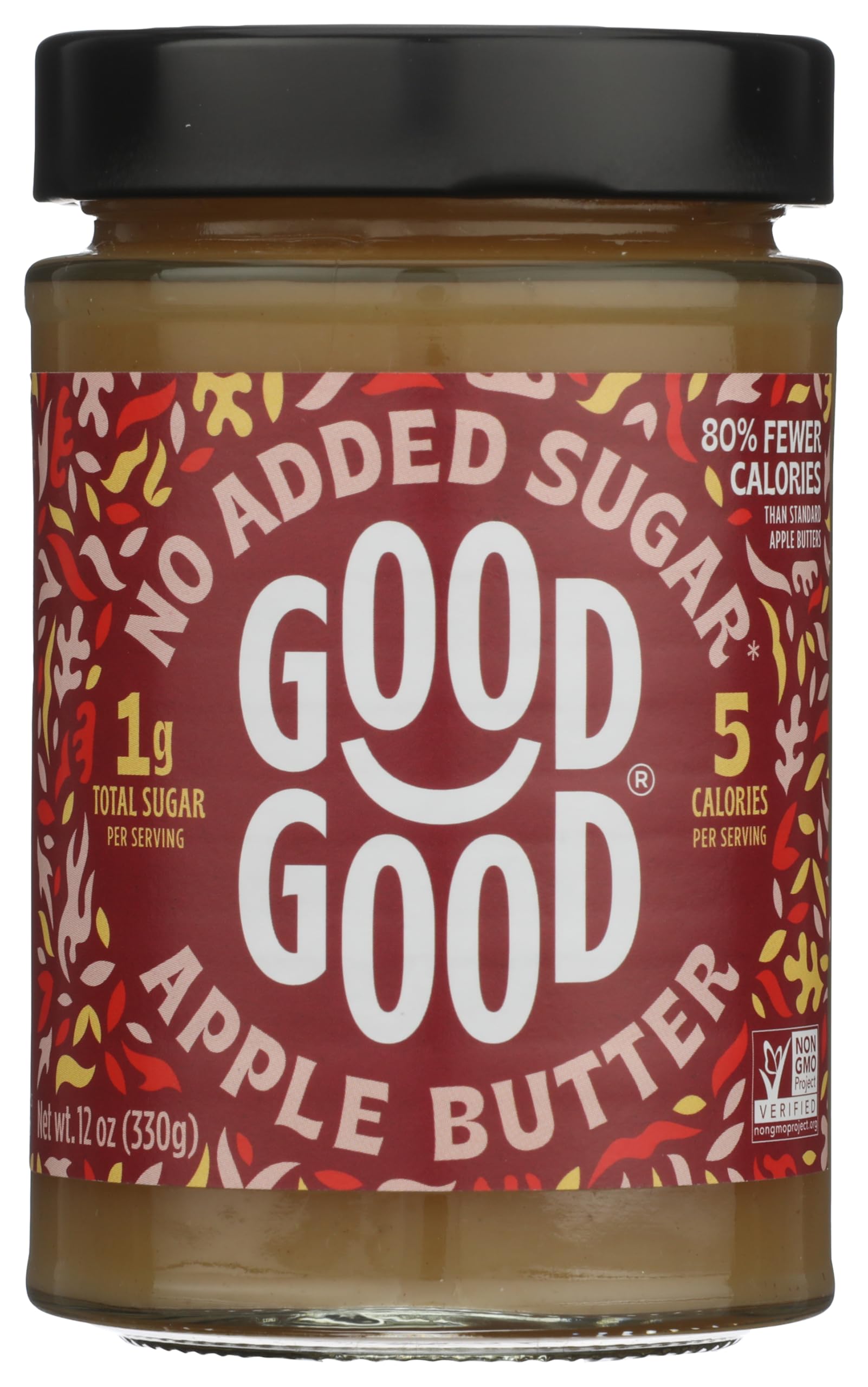 Good Good jar front view showing label and rich apple butter spread for low‑carb benefit