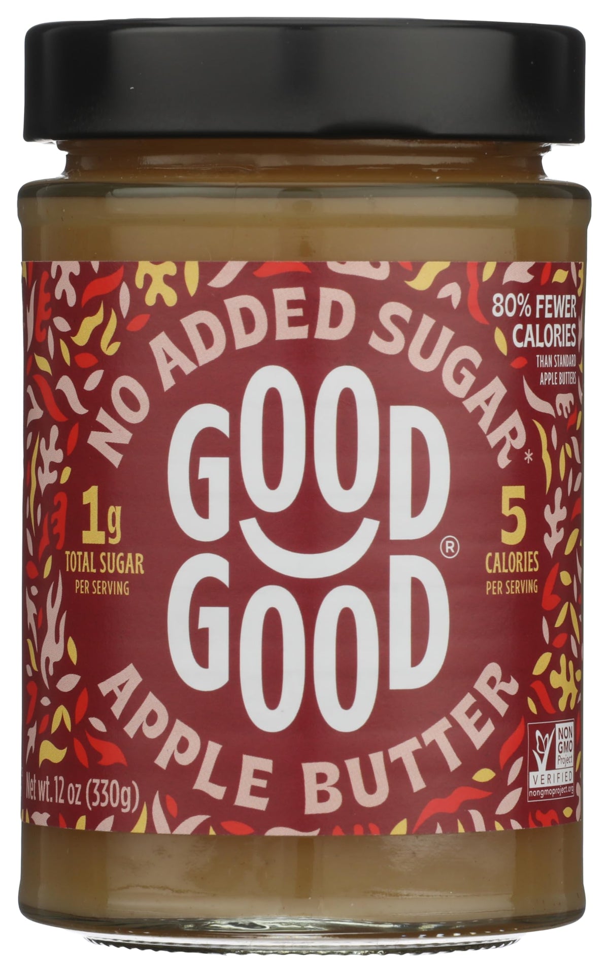 Good Good jar front view showing label and rich apple butter spread for low‑carb benefit