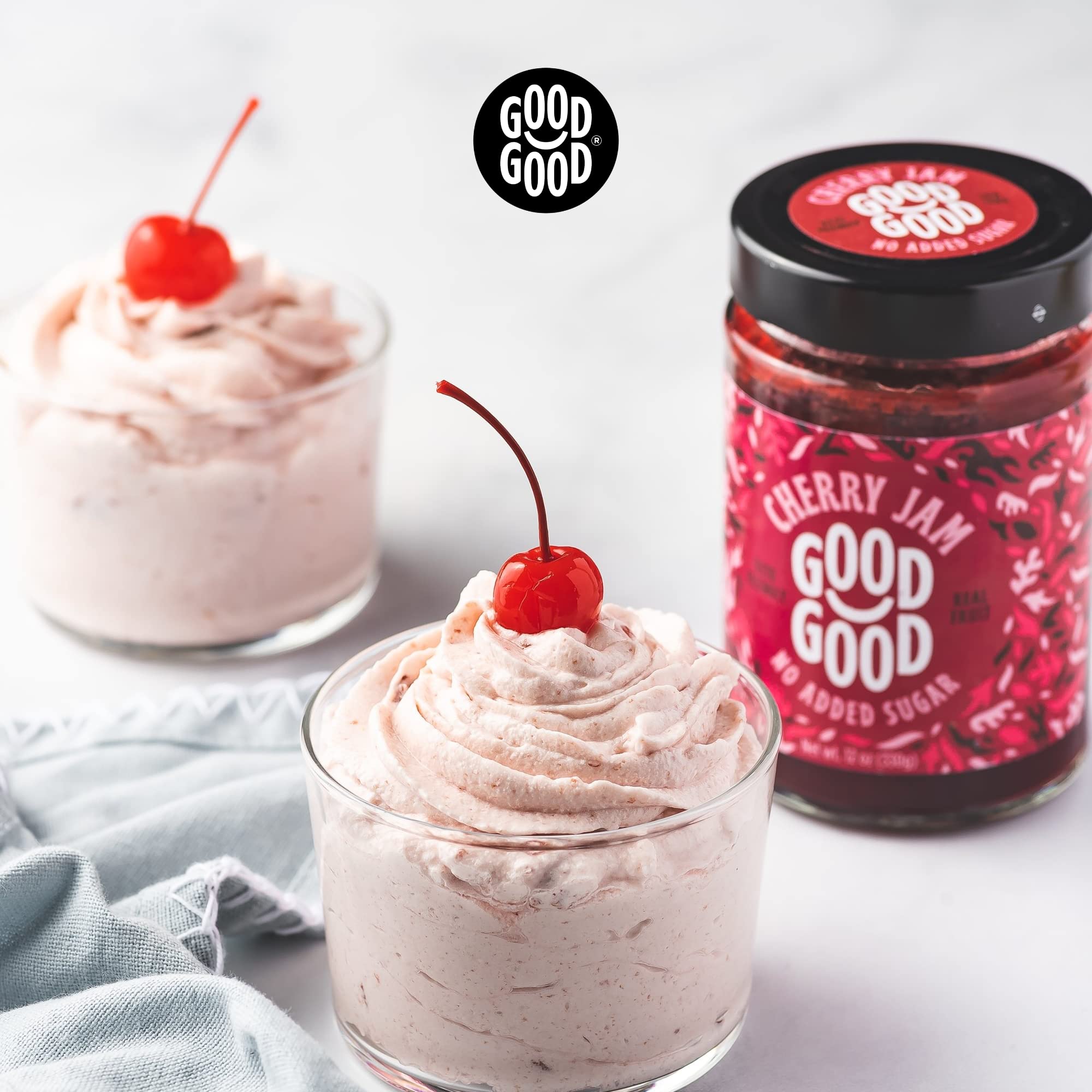Good Good jar beside cheesecake slice illustrating baking and dessert use