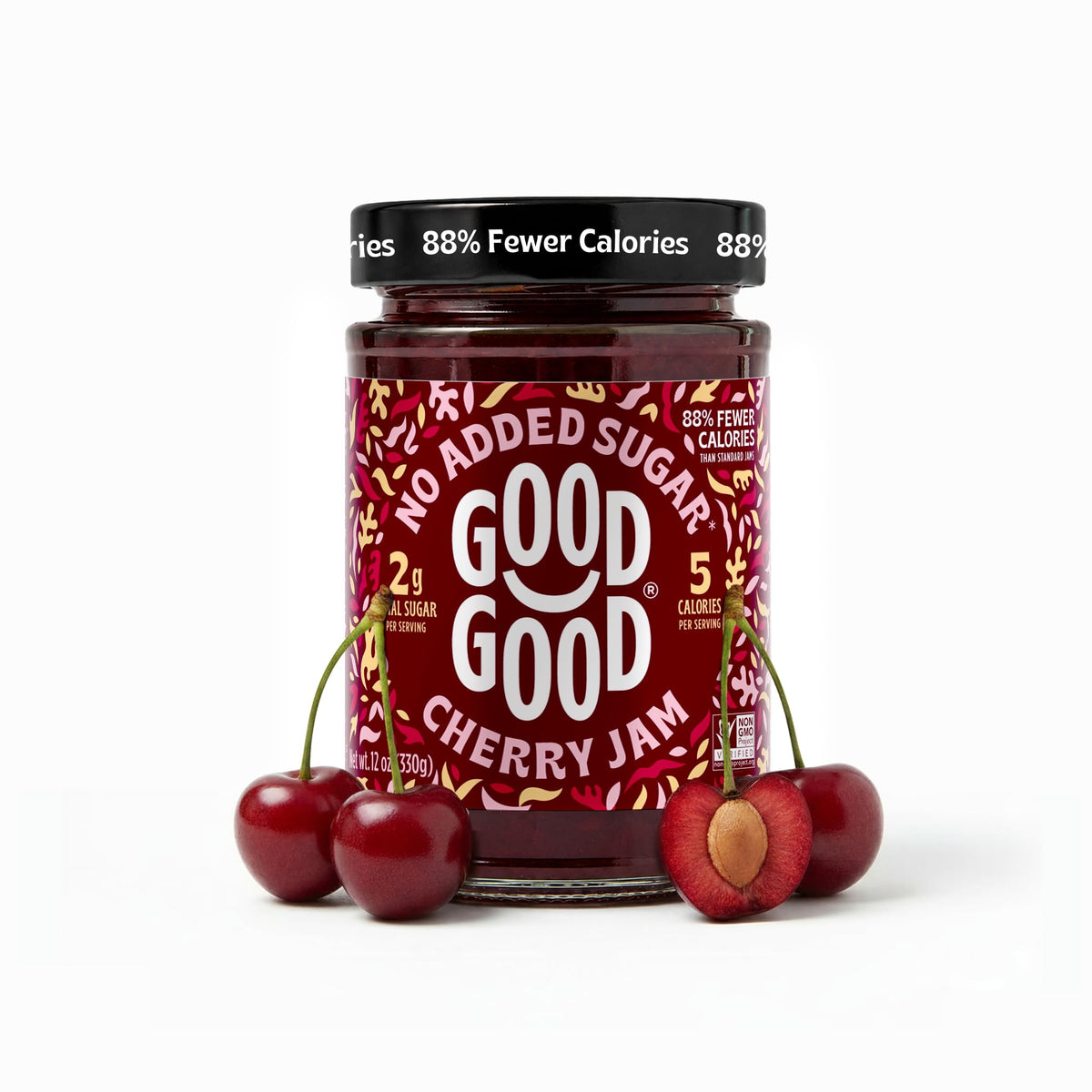Good Good jar front view showing cherry jam and branding, convenient pantry staple
