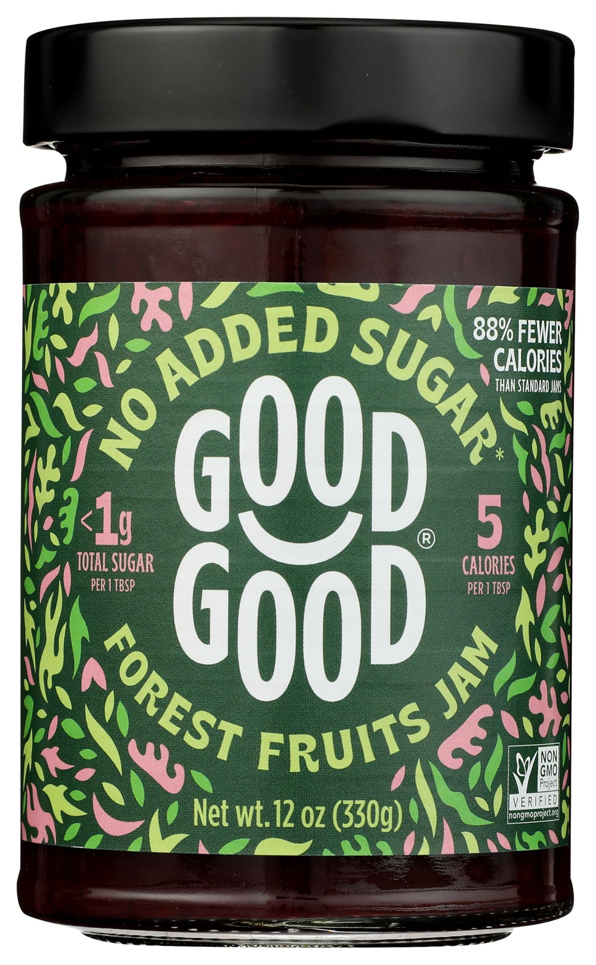 Good Good jar front view showing label and rich forest fruit color for guilt-free flavor