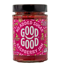Good Good raspberry jam texture on a spoon showing natural fruit benefit