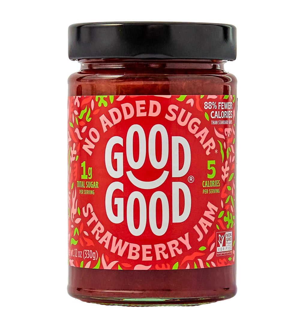 Good Good single jar strawberry jam with bright fruit flavor benefit