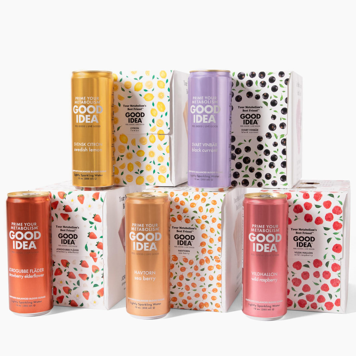 Good Idea front packaging showing five flavors and benefits