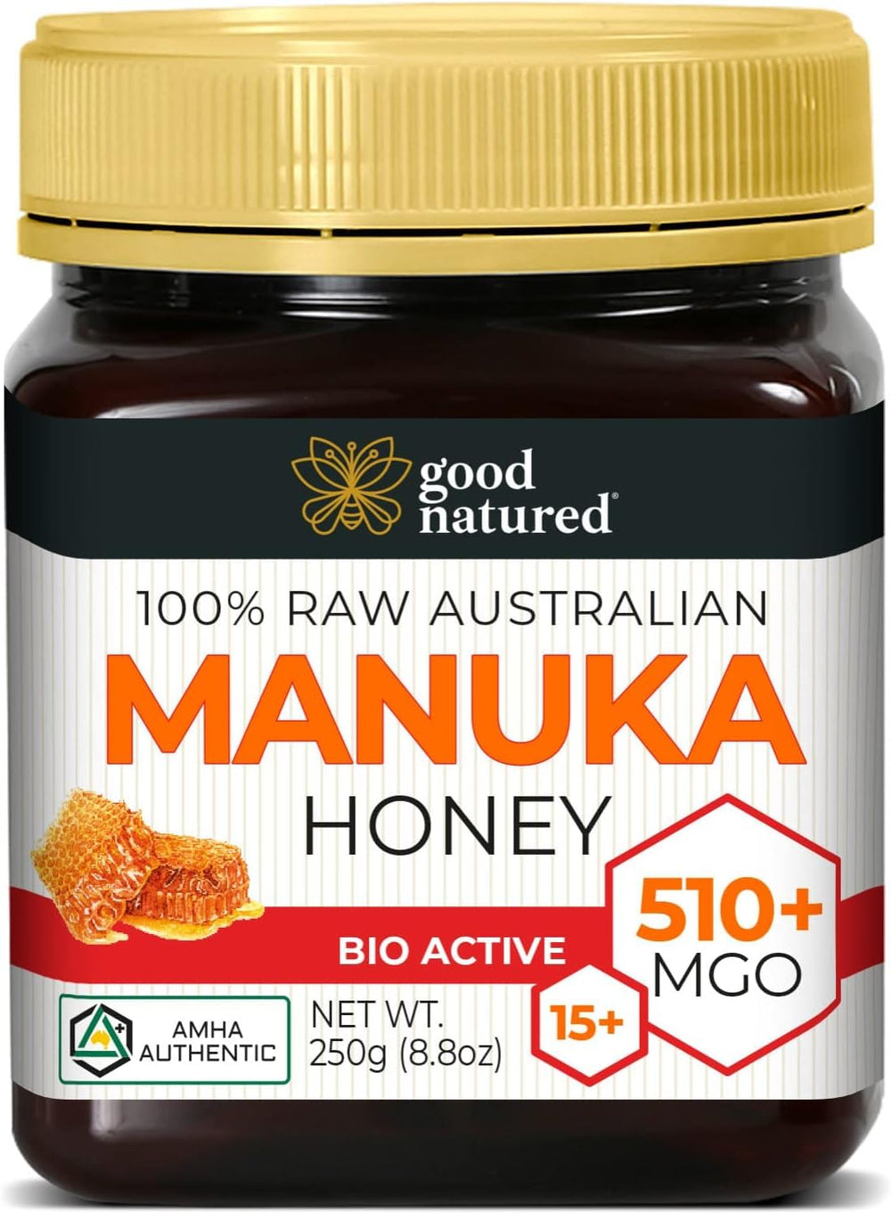 Good Natured front label showing MGO 510+ and raw honey benefits