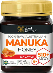 Good Natured front label showing MGO 510+ and raw honey benefits