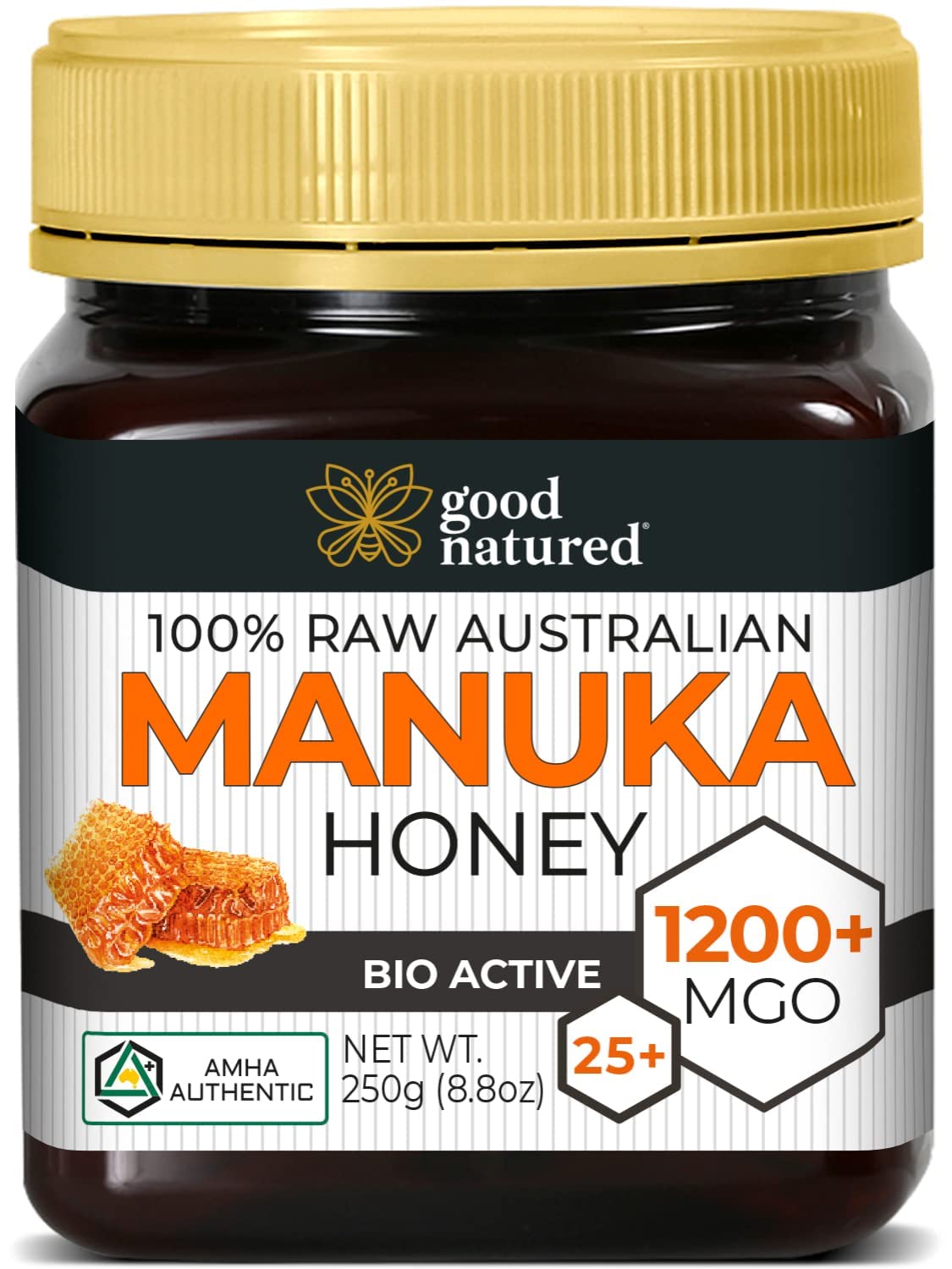 Good Natured jar front view showing premium manuka honey and purity