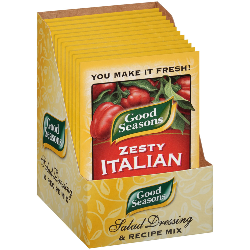 Good Seasons packet stack next to ruler, demonstrates 0.6 oz single-serve size