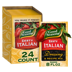 Good Seasons front packaging showing 24 zesty italian packets, convenient pantry supply