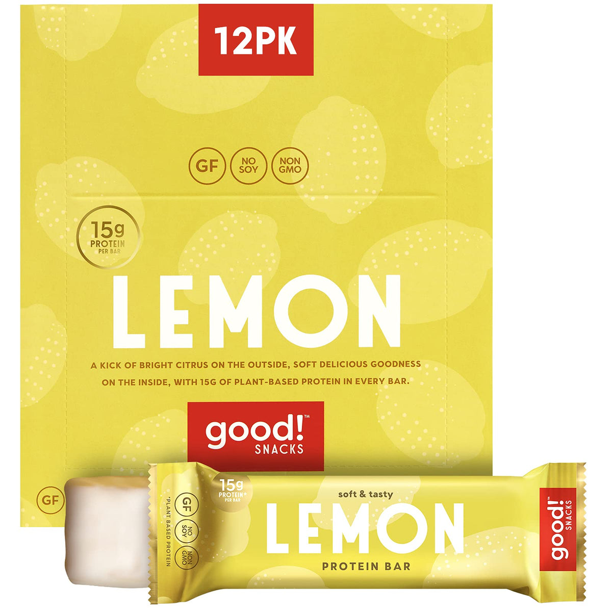 good! Snacks lemon front packaging showing 12-count convenience and bright design