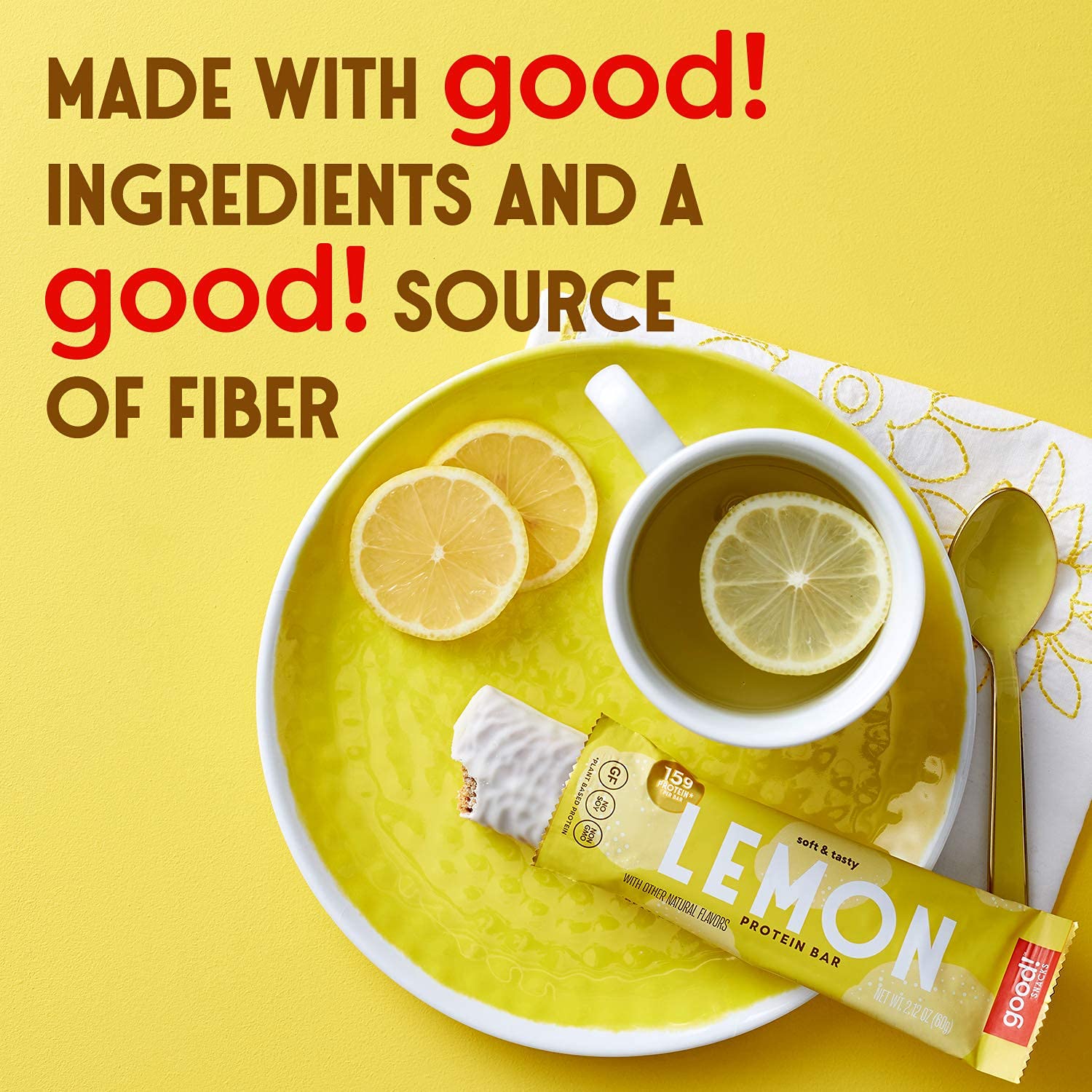 good! Snacks lemon label close-up with vegan and gluten-free certifications for clarity