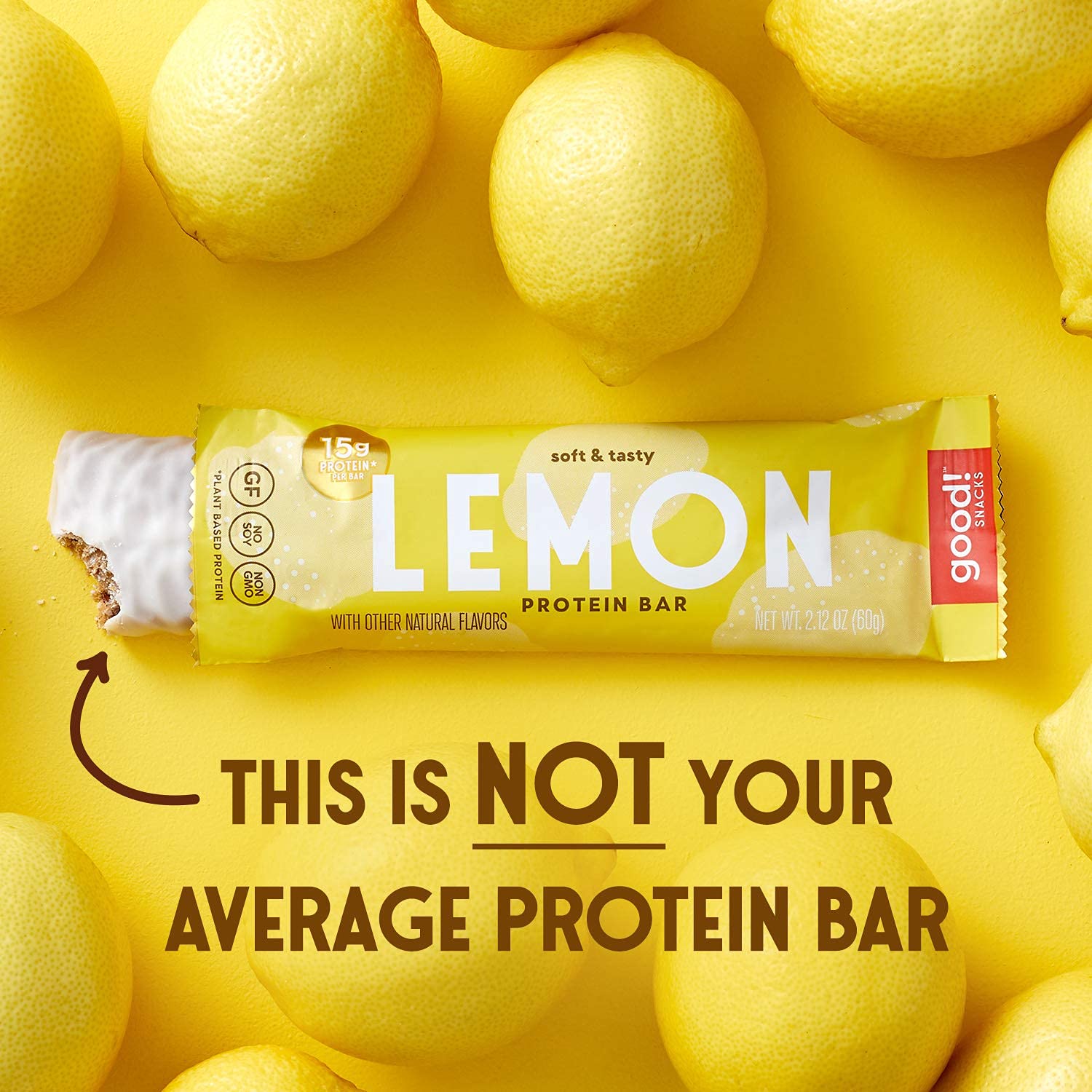 good! Snacks lemon bar cross-section showing protein-packed crumb and chewy interior