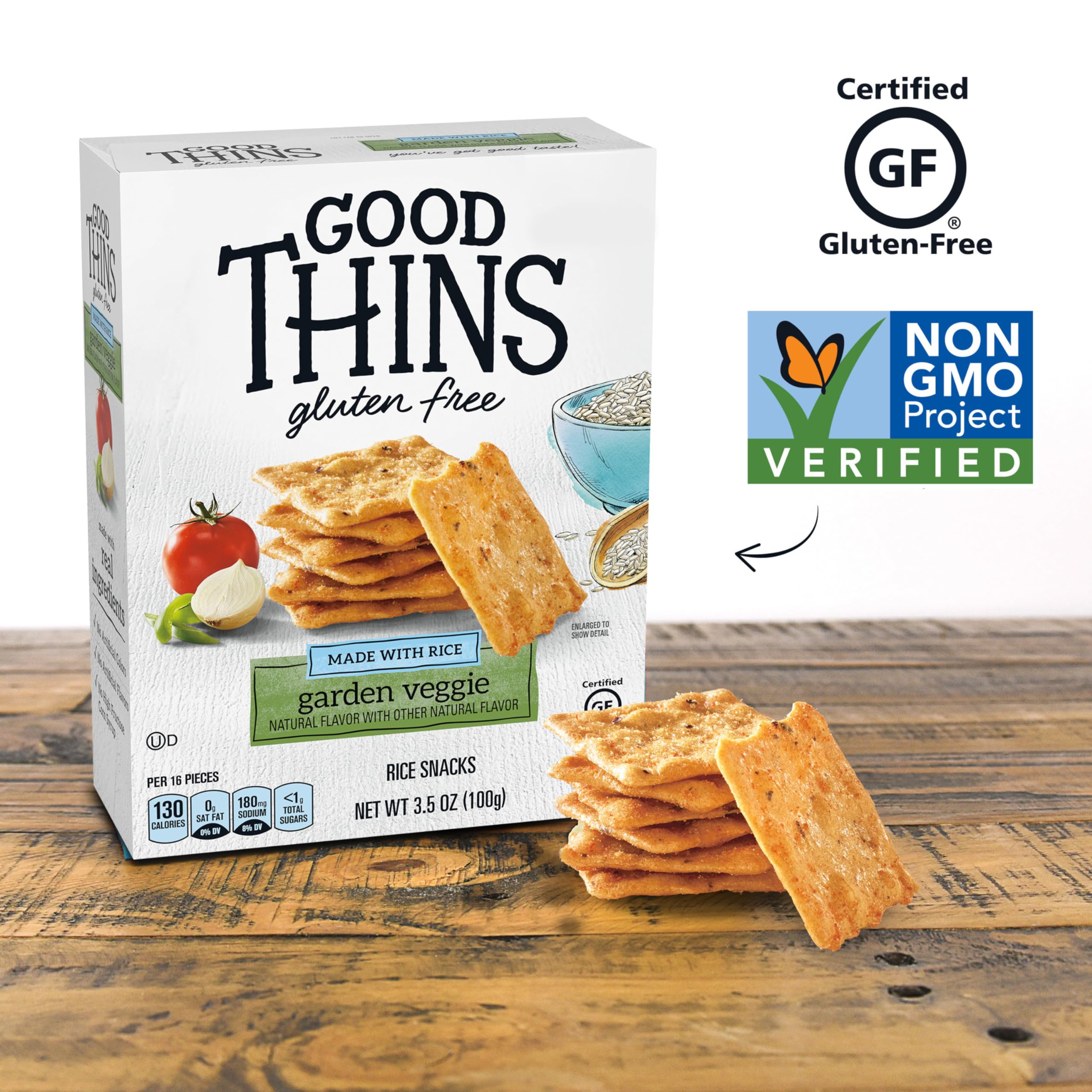 Good Thins open box revealing thin square crackers for pantry use
