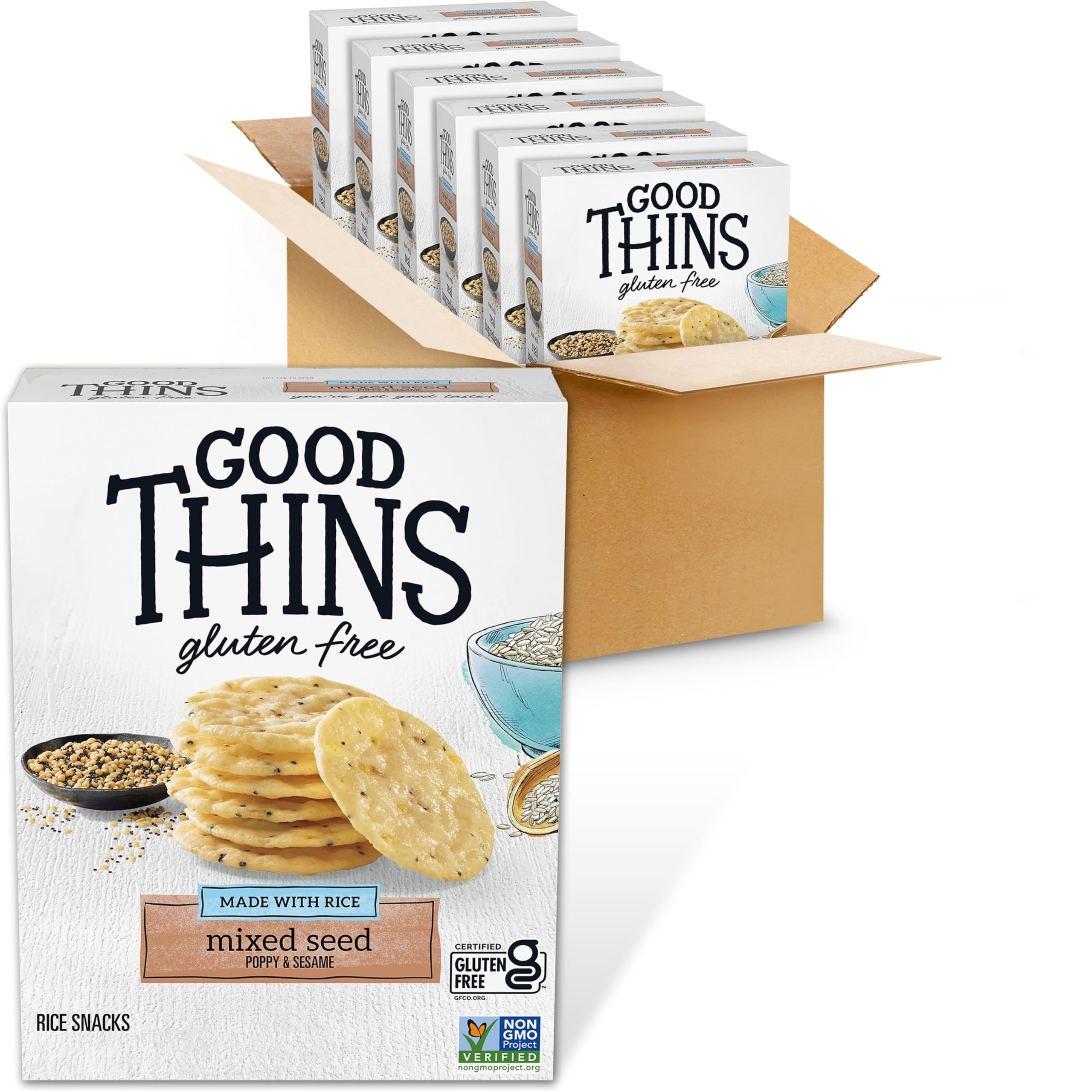 Good Thins front packaging showing six-box pack and product clarity benefit