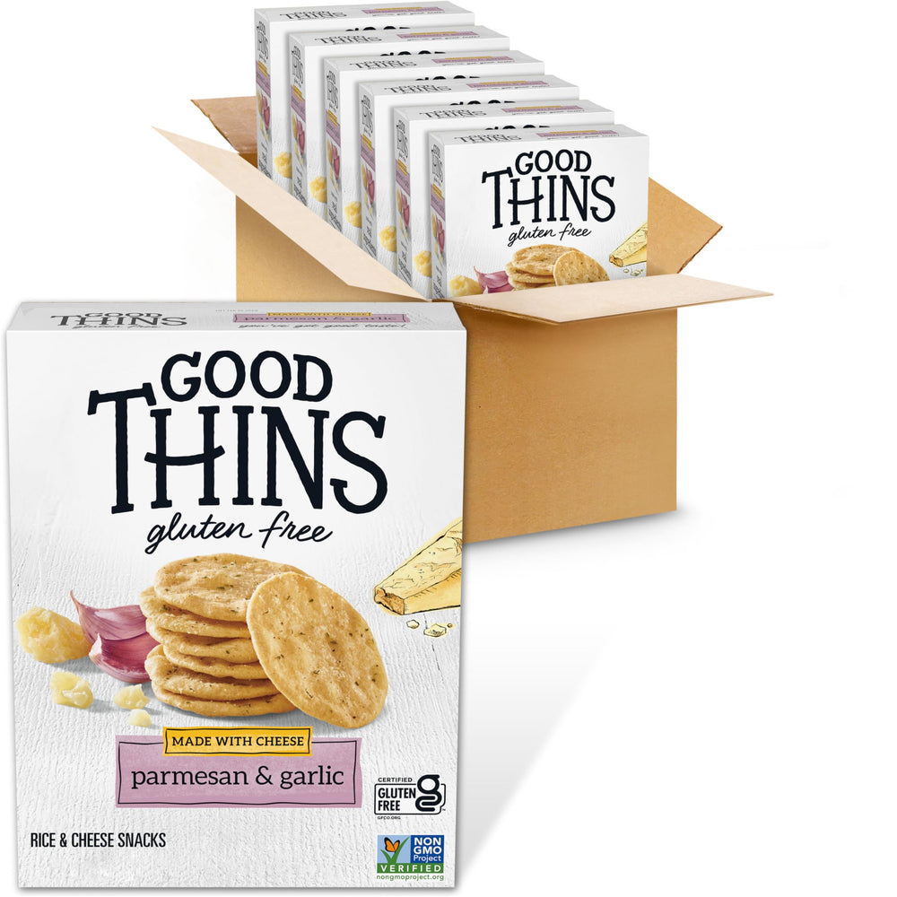 Good Thins front packaging showing parmesan garlic flavor and portability benefit
