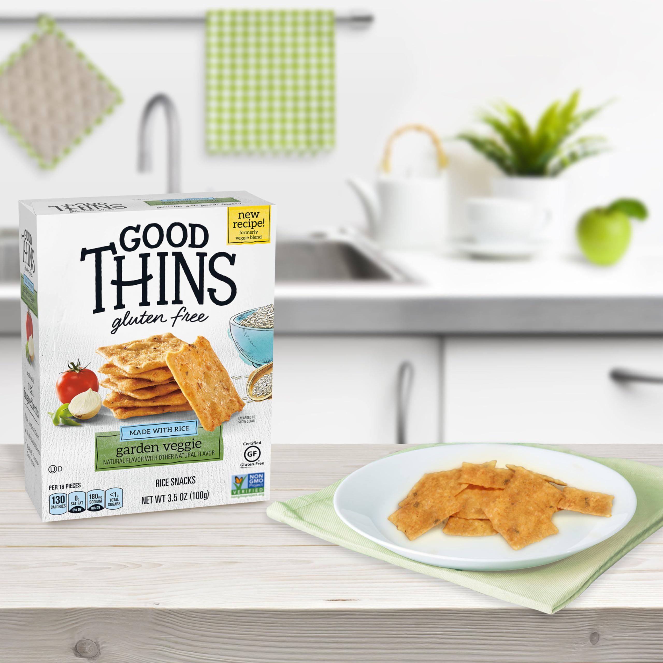 Good Thins six stacked boxes in pantry for bulk snack convenience