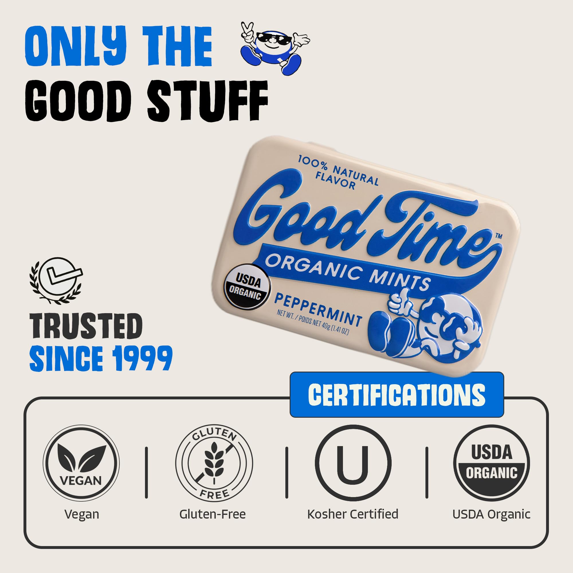 Good Time Organic Mints close-up on mint texture highlighting smooth dissolve and clean peppermint taste