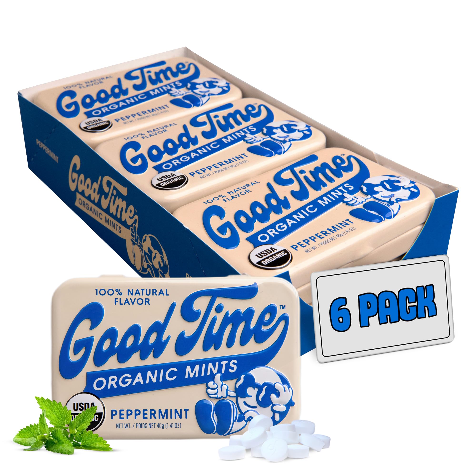 Good Time Organic Mints front tin showing peppermint brand and compact design for convenience