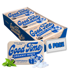 Good Time Organic Mints front tin showing peppermint brand and compact design for convenience