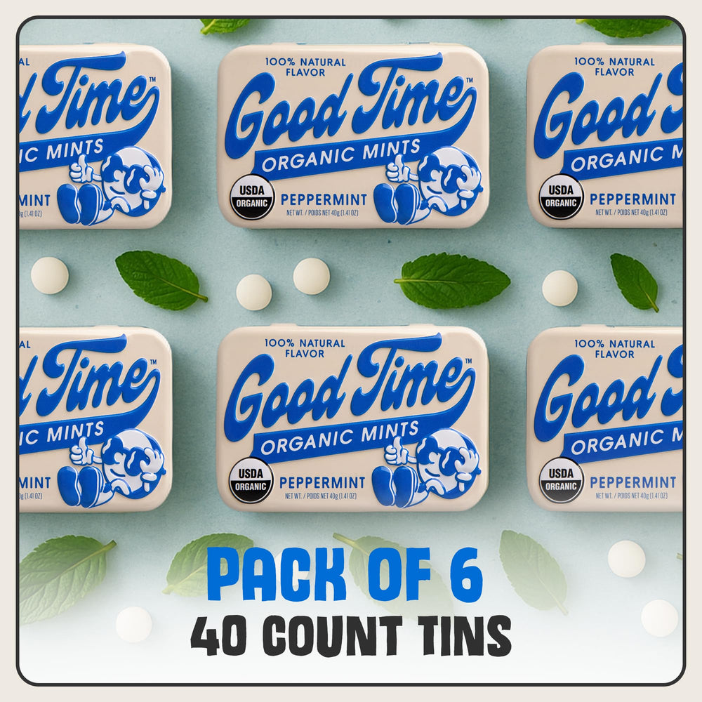 Good Time Organic Mints label close-up showing organic certification and simple ingredient list benefit